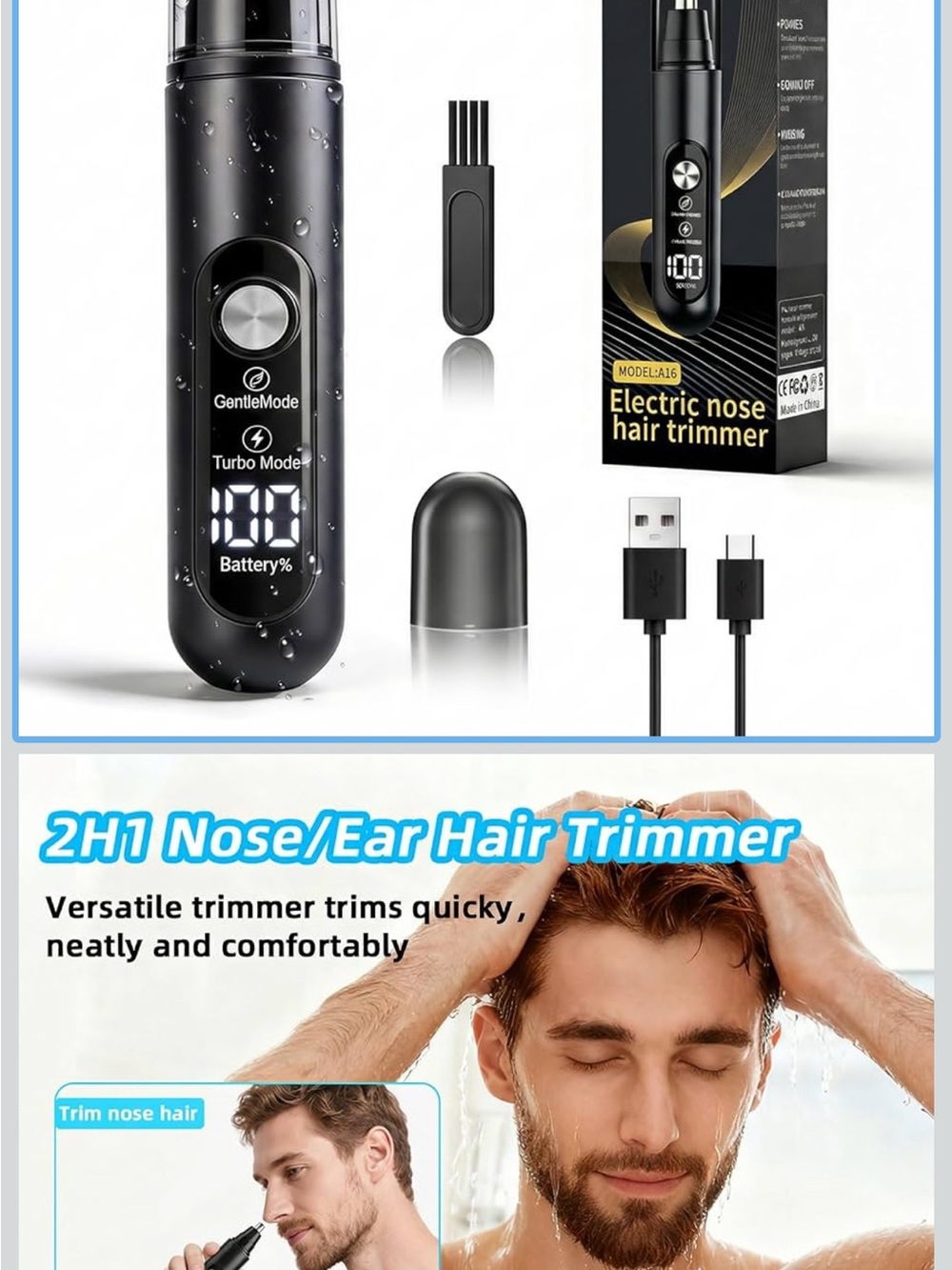 Black Electric Nose & Ear Hair Trimmer with LED Display